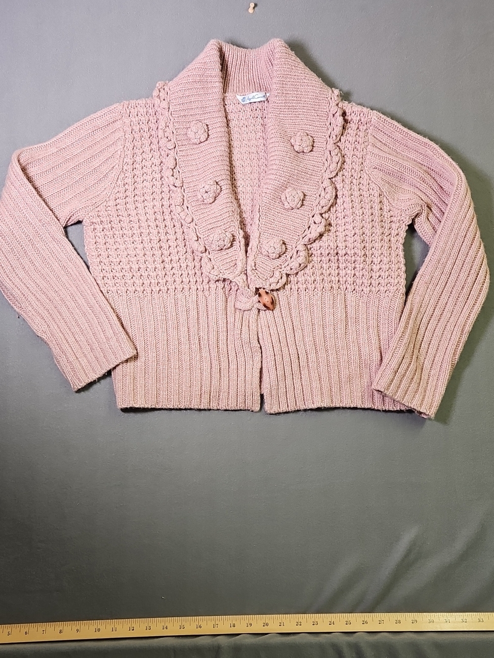 April Cornell Pink Chunky Knit Rosette Cardigan Wool Blend Y2K Cottagecore